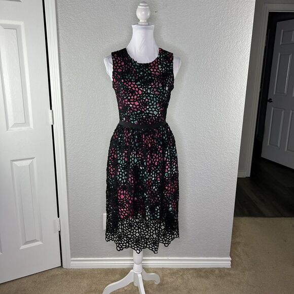 WOLVEN Anthropologie Size 2 Lace Laser Cut Overlay Floral Dress Pockets - Picture 3 of 8